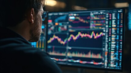 crypto trader investor analyst broker using pc computer analyzing online cryptocurrency exchange stock market indexes charts investing money profit in trading platform stockmarket over shoulder view 