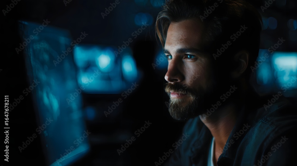 Poster man analyzing security logs in a high tech command center