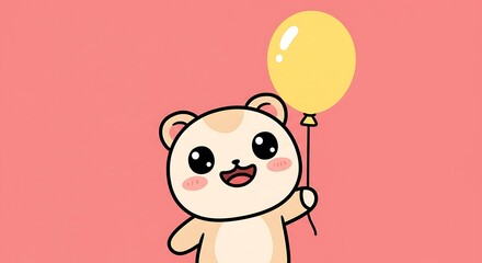 Cartoon bear holding yellow balloon on pink background illustration