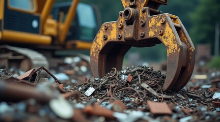 Excavator grapple claw holding scrap, a close-up of a rusty claw grabbing a pile of metal and rubble, symbolizing demolition and recycling.
