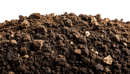 A mound of dark brown soil against a black background with scattered pixelated edges and soft shadows