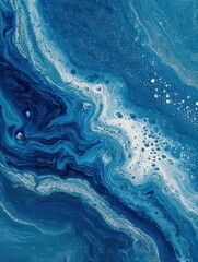 intense dark and light blue ink swirls with speckles of white creating an abstract oceanic texture with bubbles scattered throughout  generative ai