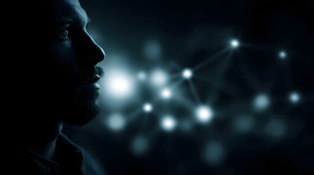 Man in dark room with glowing network icons