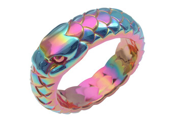 Multichrome Snake-Shaped Ring with Scales on Transparent Background