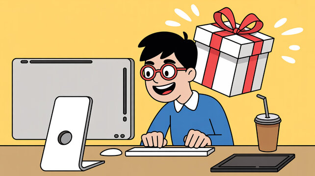 A surprised cartoon illustration of someone working at a desk with a computer monitor and digital tablet