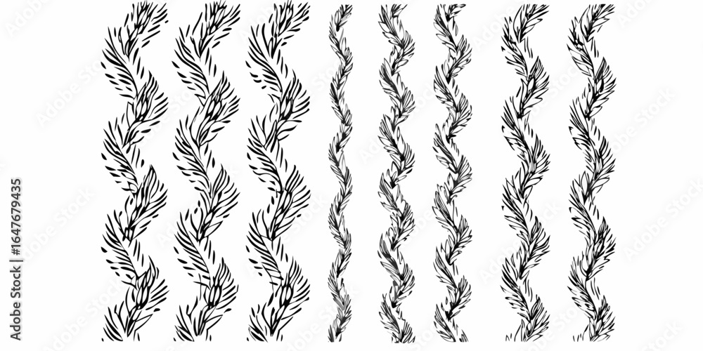 Poster vector black and white illustration of wavy vertical lines with leaf like patterns repeated multiple