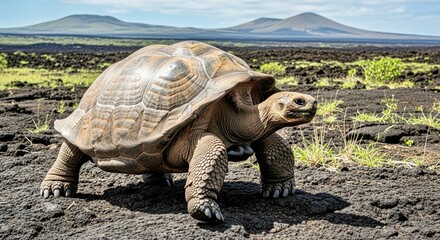Obraz premium A Massive Galápagos Tortoise Walking Slowly Across a Rocky Volcanic Plain
