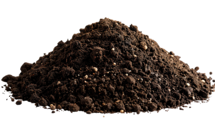A mound of dark brown soil against a black background with scattered pixelated edges and soft shadows