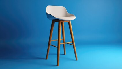 A white bar stool with light brown wooden legs against a vibrant blue backdrop