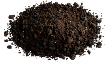 A mound of dark brown soil against a black background with scattered pixelated edges and soft shadows