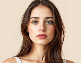 Portrait of a young woman with long brown hair and green eyes looking directly at the camera closely