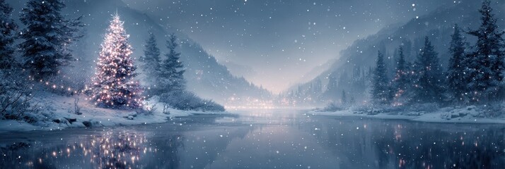 Snowy winter landscape with a decorated Christmas tree by a serene lake at dusk
