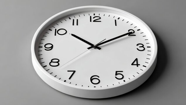 White clock face with black numerals and hands, showing time