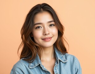 Portrait of a young woman with long brown hair wearing a denim shirt against a peach background