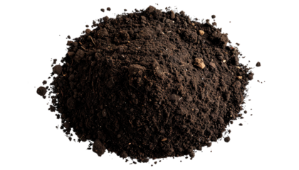 A mound of dark brown soil against a black background with scattered pixelated edges and soft shadows