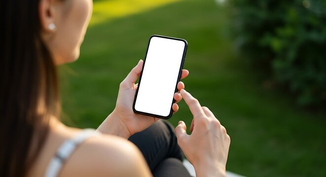 Over the shoulder view of a woman holding a smartphone with a blank white screen in a park
