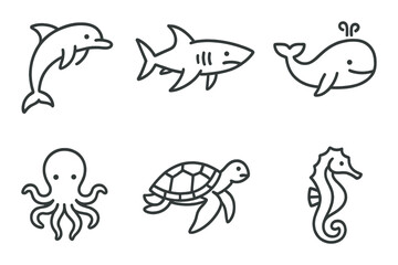 Obraz premium Outline icons of marine animals on green background