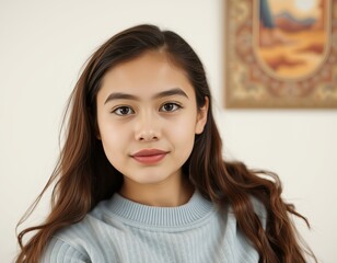 Portrait of a young woman with long brown hair wearing a light blue sweater indoors with artwork behind