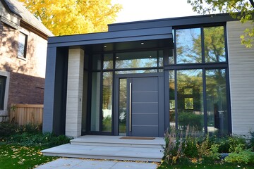 A sleek modern house facade featuring a grey finish.