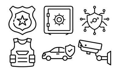 A collection of hand-drawn icons representing various security and safety elements, including a badge, safe, cybersecurity shield, bulletproof vest, armored car, and security camera.