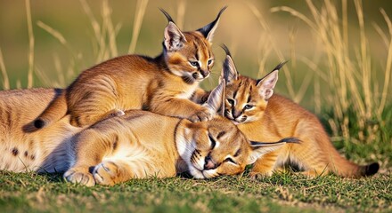 Obraz premium Mother caracal with two playful kittens on a grassy hill, a cute family scene