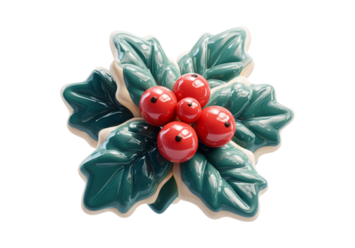 Simple Holly Leaf Cluster with Red Berries Isolated on Transparent Background - Powered by Adobe