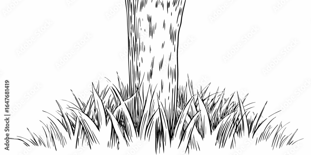 Poster vector illustration of a tree trunk surrounded by grass in black and white drawing style with detail