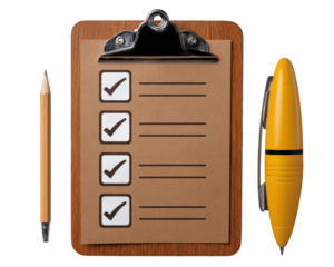 Clipboard checklist pencil pen office planning element, brown wooden board with paper, yellow pen, and wooden pencil isolated on transparency background, organized workspace concept