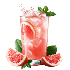A refreshing pink grapefruit juice cocktail with ice, mint, and grapefruit slices, isolated on transparent background