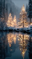 Snowy forest landscape at dusk with illuminated Christmas trees and serene water reflections