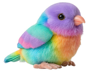 Rainbow plush bird soft toy colorful stuffed animal cute finch fluffy texture pastel hues adorable decor children gift playful cheerful expression