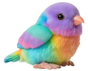 Rainbow plush bird soft toy colorful stuffed animal cute finch fluffy texture pastel hues adorable decor children gift playful cheerful expression