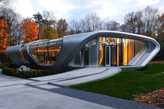 Futuristic home exterior highlighted by a grey finish.