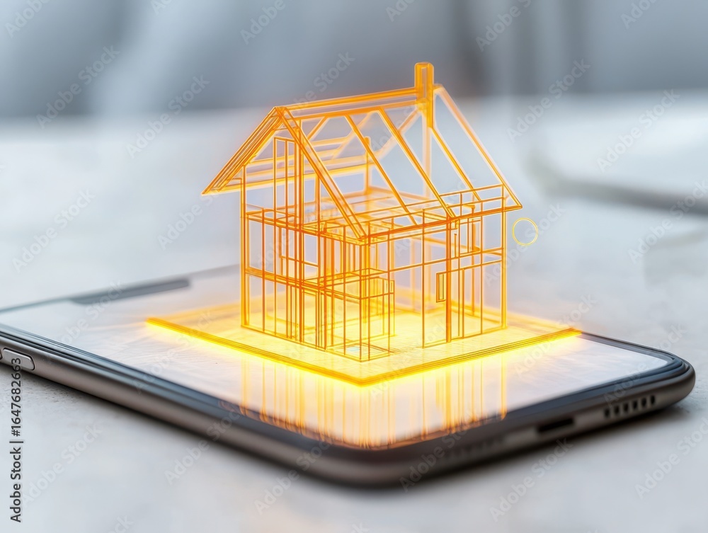 Poster a smartphone displaying a holographic 3d model of a house, showcasing modern technology in architect