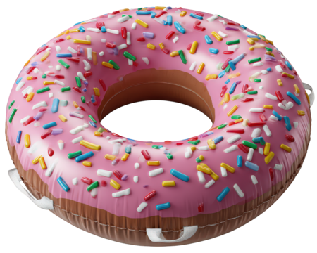 Pink inflatable donut swim ring with colorful sprinkles, glossy surface, summer pool float, playful and fun, perfect for water activities and relaxation