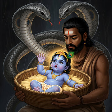 Krishna Janmashtami divine escape Krishna in basket Vasudev crosses Yamuna with Krishna as Sheshnaag Shelters