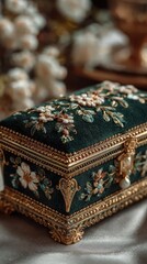 Decorative jewelry box adorned with intricate floral patterns and pearl accents on a soft fabric background