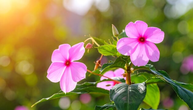Gentle petals of pink vinca flowers basking in the sunlight nature beauty - Powered by Adobe