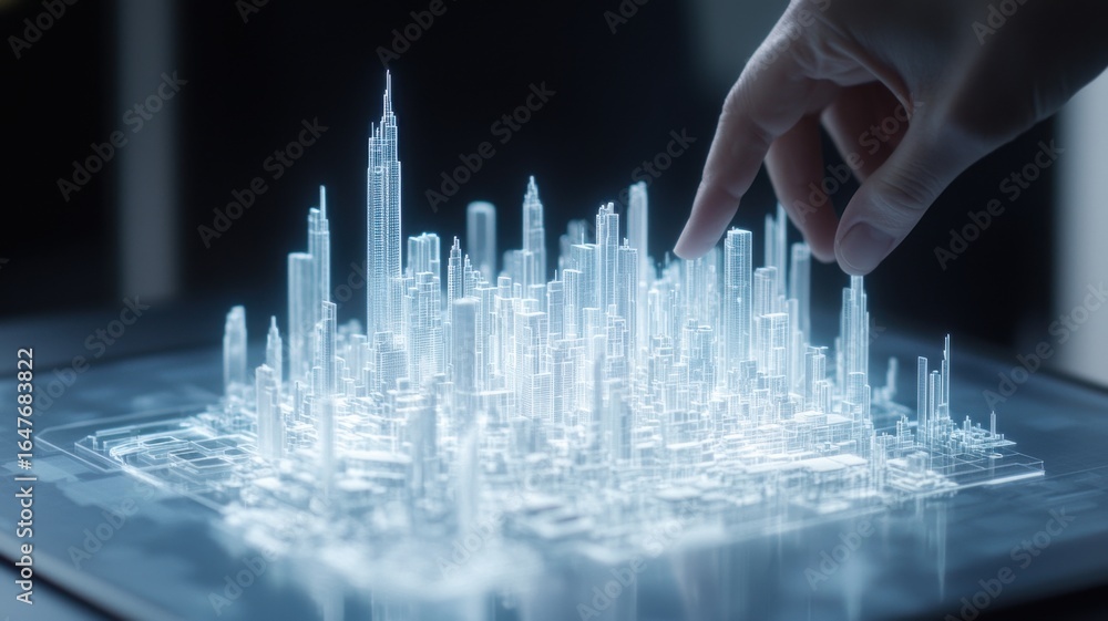 Poster engineer structural research concept. digital model of a cityscape with a hand interacting with it.