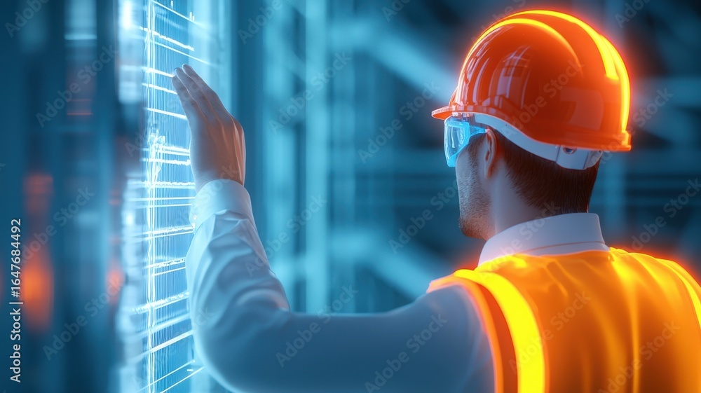 Poster engineer structural research concept. a worker in safety gear interacts with a digital interface in 