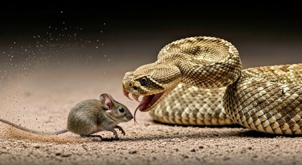 Intense rattlesnake mid-strike, fangs bared as it hunts a desert mouse