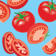 Juicy red tomatoes with green stems and leaves..eps