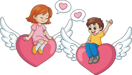 Cute cartoon children riding winged hearts, love and friendship illustration, romantic fantasy design, flying hearts with happy kids vector