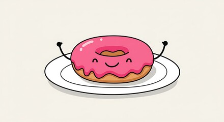 Cheerful pink frosted donut character on plate vector illustration