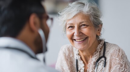 happy older mature female patient talking to indian male doctor at appointment healthy smiling senior old woman feeling cheerful about good news at medical consultation elderly health medical care no