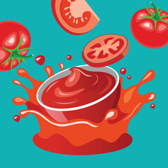 Vector of ketchup with vibrant tomato splash and ripe tomatoes..eps