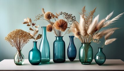 dried flowers in glass and teal vases vintage decor