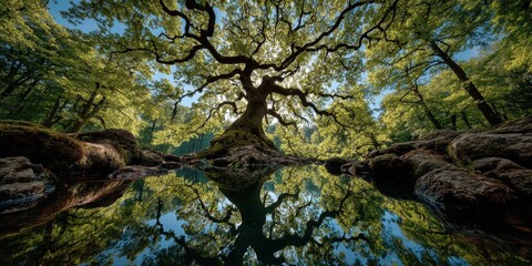 Majestic ancient tree reflected in still water under bright blue sky in a serene forest setting