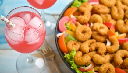 Refreshing pink cocktail with shrimp platter served at summer event