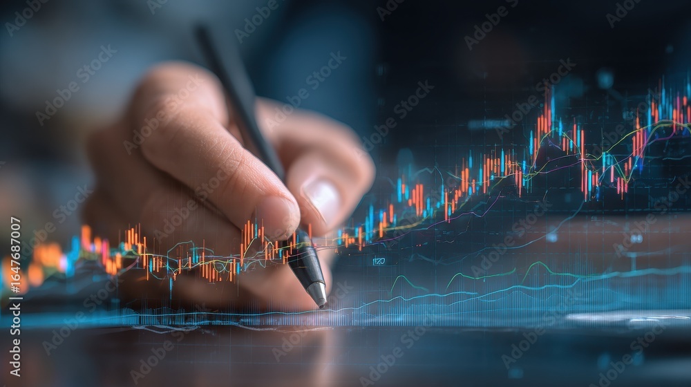 Poster forex market changes analysis concept with trader hand writing on digital display with financial cha